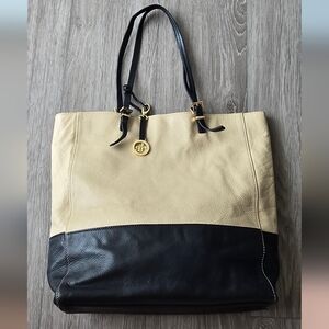 Audrey Brooke Large Two-Tone Leather Tote Bag | Tan & Black | Gold Logo Charm